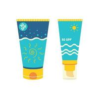 Beach set for summer trips. Vacation accessories for sea vacations. Sun cream, 30 spf. vector