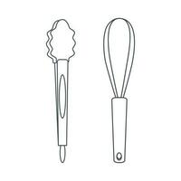 Dishes. A set of whisk for mixing, kitchen tongs for food. Line art. vector