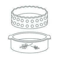 Dishes. A set of kitchen round baking dish, pan. Line art. vector