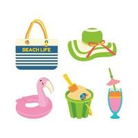 Beach bag, hat, cocktail, inflatable circle in the shape of a flamingo, a bucket with sand, a shovel and a shell. vector