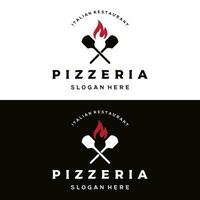 Pizza logo modelo diseño con pala y ladrillo horno.logo para negocio, restaurante,italiano alimento. vector