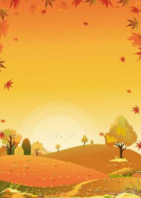 Autumn landscape of farm field with blue sky background,Horizon Fall season in countryside with cloud sky and Sun,Mountain,grass land in Orange foliage,Vector Vertical banner for Thanksgiving backdrop