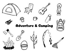 Camping set collection of black and white hand drawn elements. Isolated on white background. Can be used for the design of printed products, for web icons, sites vector