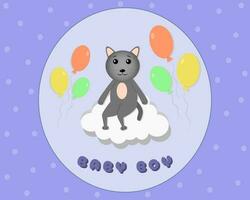 Baby boy, greeting card. Vector cute image for kids. Blue background, funny cat sits on a cloud around colorful balls. The image is suitable for designing  products for children, greeting cards, print