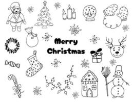 Christmas and New Year doodle set of black hand-drawn liner elements. Party, holiday, congratulations. Can be used for printing and web icons vector