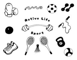 Set of sports and active lifestyle drawn by hand. Black line elements isolated on white background. Suitable for print and web icons vector