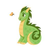 Small cartoon green dragon sits and looks at a butterfly. vector