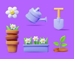 Set of 3D gardening-themed objects. Flower, pot of plants, shovel and sprout isolated on a purple background. vector