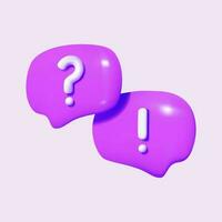 Violet message bubble with question and exclamation marks. 3d vector icon