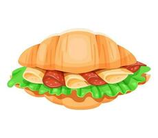 Croissant with sausage, cheese and lettuce. Isolated illustration on a white background. vector