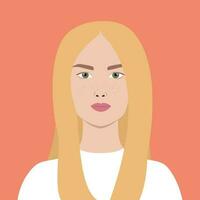 retrato de un joven mujer con rubia pelo y pecas avatar para social medios de comunicación. resumen hembra retrato en plano estilo vector