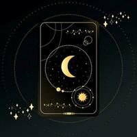 Gold Tarot card with a crescent on a black background with stars. Tarot symbolism. Mystery, astrology, esoteric vector