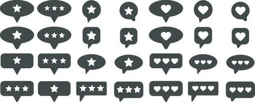 Set of customer review symbols. Feedback and communication, rating stars and like button hearts in different speech bubbles. Positive and negative comments and chat speech bubbles vector