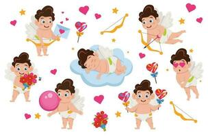 Set of illustrations of a cute Cupid. Flying with a bow and a stele, fell in love, inflates a gum, holds a bouquet of flowers, sleeps on a cloud, holds heart-shaped lollipops, holds a love letter. vector