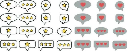 Set of colored customer review symbols. Feedback and communication, rating stars and like button hearts in different speech bubbles. Positive and negative comments and chat speech bubbles vector