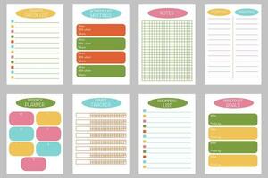Set of planner templates. Travel checklist, shopping list, pros and cons, notes, important tasks, weekly planner, scheduled meetings and habit tracker. A4 format. vector