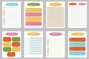 Set of planner templates. Travel checklist, shopping list, pros and cons, notes, important tasks, weekly planner, scheduled meetings and habit tracker. A4 format. vector