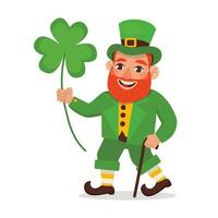 Funny Leprechaun walks with a cane and a big shamrock. St.Patrick 's Day. Vector graphic.