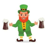 Funny Leprechaun holds two glasses of dark beer. St.Patrick 's Day. Vector graphic.
