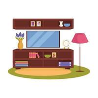 Living room interior. Wardrobe, TV, flower vase, floor lamp, books, carpet, paintings, decor. Vector graphic.