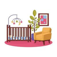 Bedroom interior. Children's room. Cradle, armchair, paintings, floor lamp, children's mobile. Vector graphic.