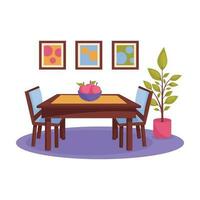 Kitchen interior. Dining room. Dining table, chairs, potted plant, paintings. Vector graphic.