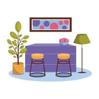 Kitchen interior. Bar counter, bar stools, plant, painting, lamp, fruit. Vector graphic.