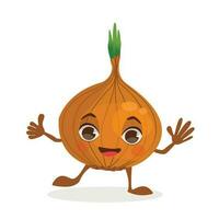 Vegetable cartoon character - Onion. Vegetable with a face, arms and legs. Vector graphic.