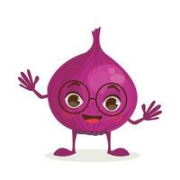 Vegetable cartoon character - Onion. Vegetable with a face, arms and legs. Vector graphic.