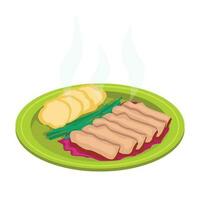 Meat dish with potatoes, berry sauce and onion. Grilled meat. Vector graphic.