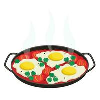 Israeli national food. Shakshouka. Fried eggs, in sauce, with tomatoes and spices. Vector graphic.