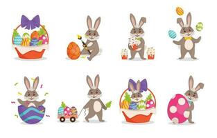 Easter Bunny, painted eggs, baskets and a festive mood. Happy Easter. Vector graphic. Set.