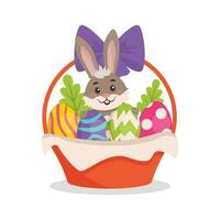 Basket with a bow with colored bright eggs and an Easter bunny. Easter. Set. Vector graphic.