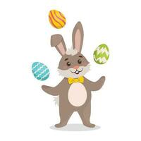 Easter Bunny juggles with colored eggs. Easter. Set. Vector graphic.