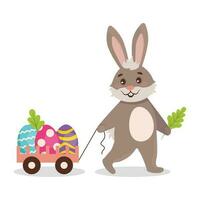 Easter Bunny is carrying a cart full of colored eggs. Easter. Set. Vector graphic.