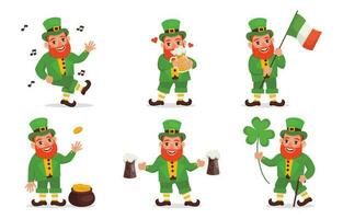 Cheerful Leprechaun, beer, the flag of Ireland, dancing and a festive mood. Happy Saint Patrick Day. Vector graphic. Set.