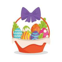 Basket with a bow with painted bright eggs. Easter holiday. Set. Vector graphic.