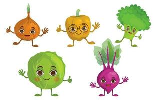 Set of cartoon vegetables. Cabbage, bell pepper, broccoli, onion, beetroot. With arms and legs. Vector graphic.