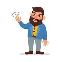 Man with a beard in a jacket waves his hand. Greeting. Vector graphic.