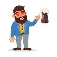 Man with a beard in a jacket holds a glass of dark beer. His eyes are heart-shaped. Vector graphic.