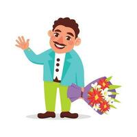 Man with a mustache in a jacket holding a beautiful bouquet of flowers and waving. Vector graphic.