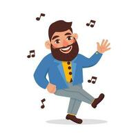 Man with a beard in a jacket dances to the music. Vector graphic.