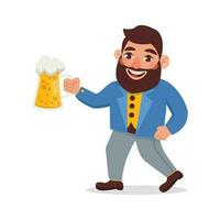 Man with a beard in a jacket holds a glass of light beer. Vector graphic.