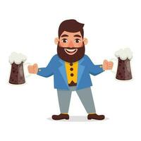 Man with a beard in a jacket holds two glasses of dark beer. Vector graphic.