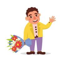 Man in a jacket holding a beautiful bouquet of flowers and waves his hand. Vector graphic.