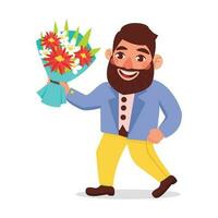 Man with a beard in a jacket holding a beautiful bouquet of flowers. Vector graphic.