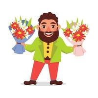 Man with a beard in a jacket holding two beautiful bouquets of flowers. Vector graphic.