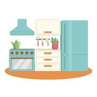 Kitchen interior. Refrigerator, cabinets, stove, extractor hood. Vector graphic.