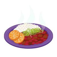 Fajoada. Dish of beans, meat products and faropha with rice. Vector graphic.