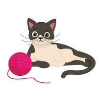 Cute black and white cat lies next to a pink ball of thread. Vector graphic.